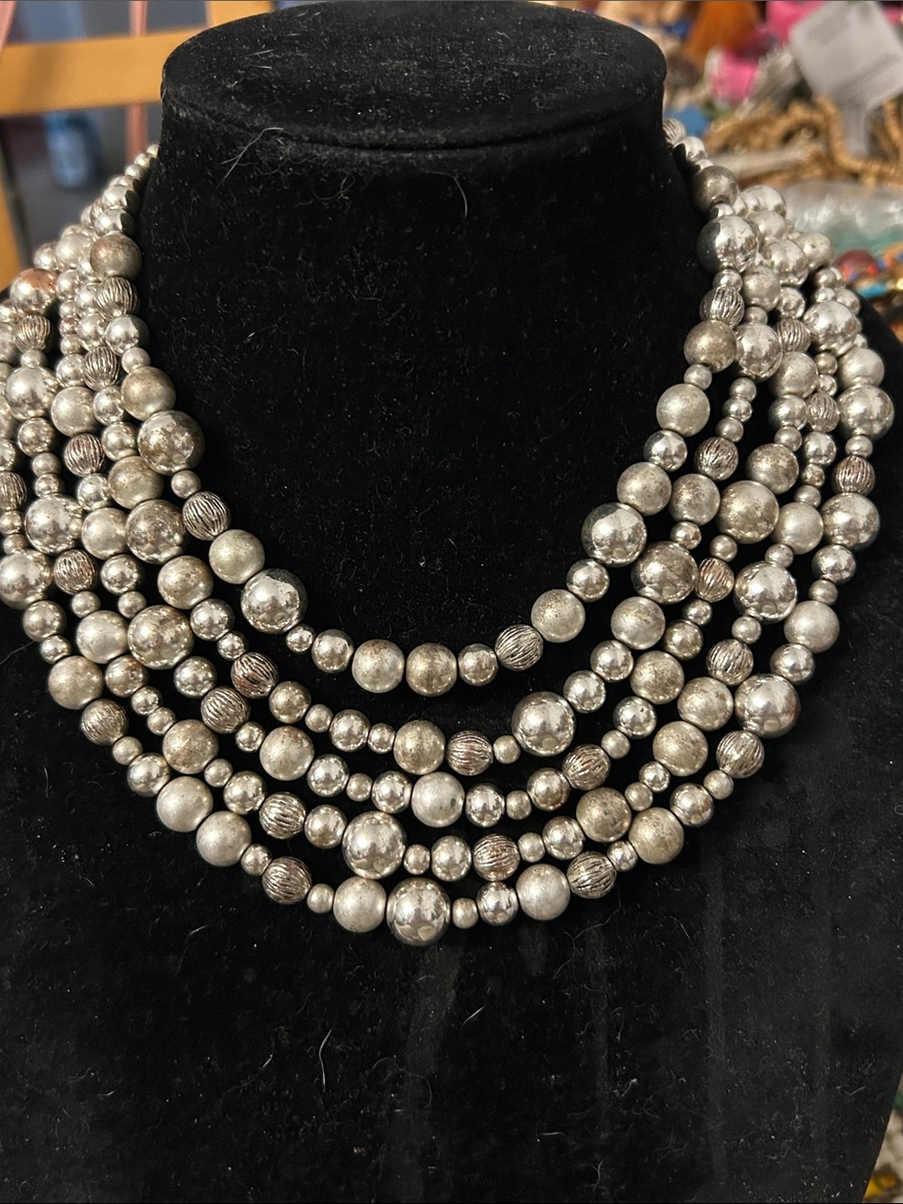 Vintage Chico's Layered Silver-Tone Multi-Strand Beaded Necklace
